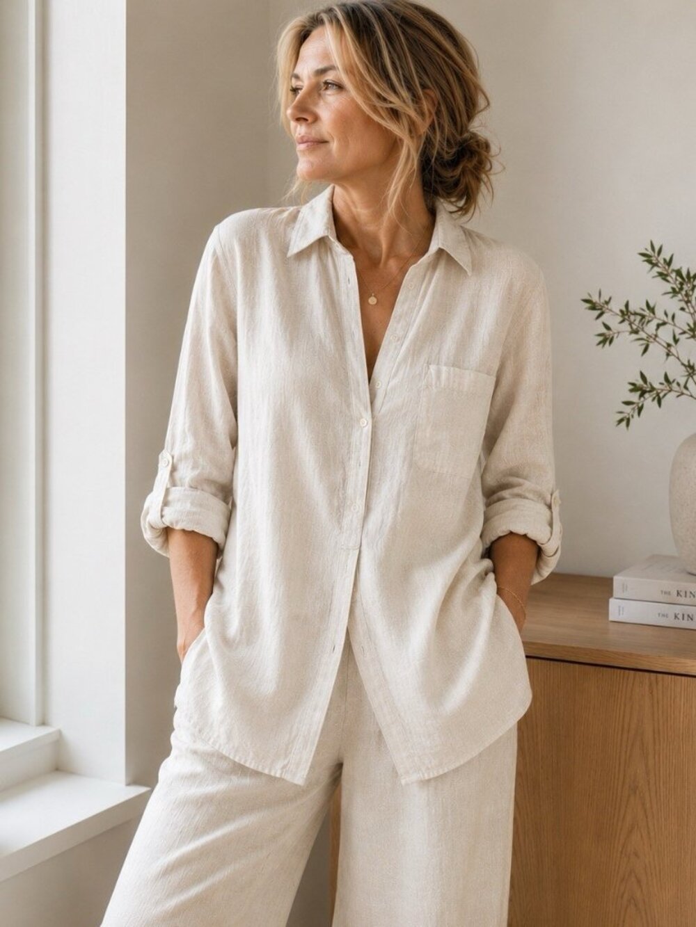 Sigrid Olsen 100% Linen Shirt Women XL Roll Tab Sleeve Split Neck Button Up